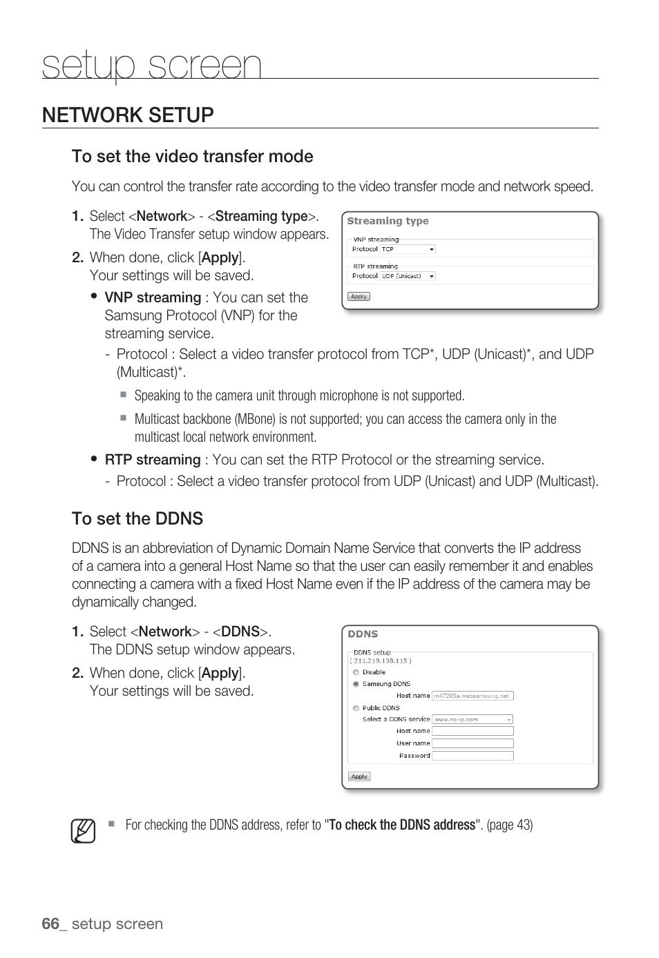 Setup screen, Network setup | Samsung SNC-B2335P User Manual | Page 66 / 111