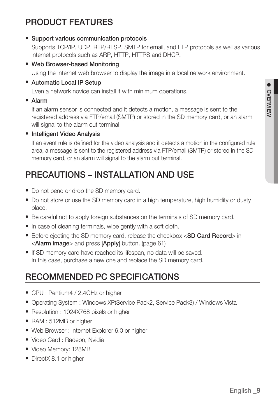 Product features, Precautions – installation and use, Recommended pc specifications | Samsung SNC-B2335P User Manual | Page 9 / 111