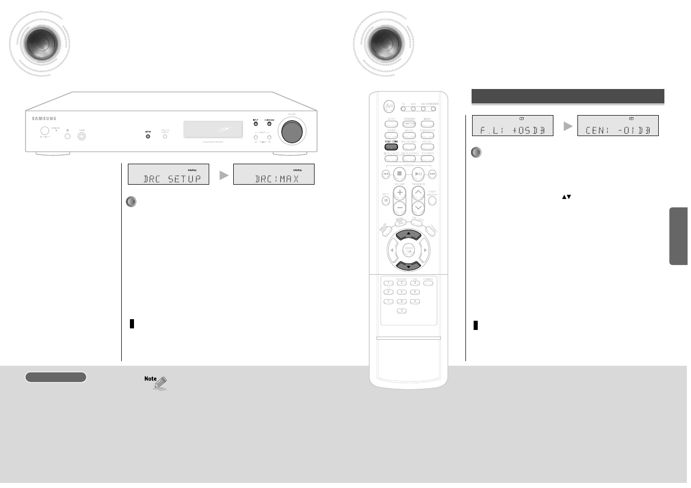 Setting drc (dynamic range compression), Test tone, Setting drc | Dynamic range compression), Remote control, Main unit | Samsung HT-AS600 User Manual | Page 13 / 26