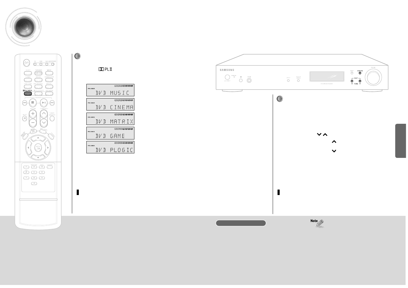 Dolby pro logic ll mode, Main unit, Remote control | Samsung HT-AS600 User Manual | Page 16 / 26