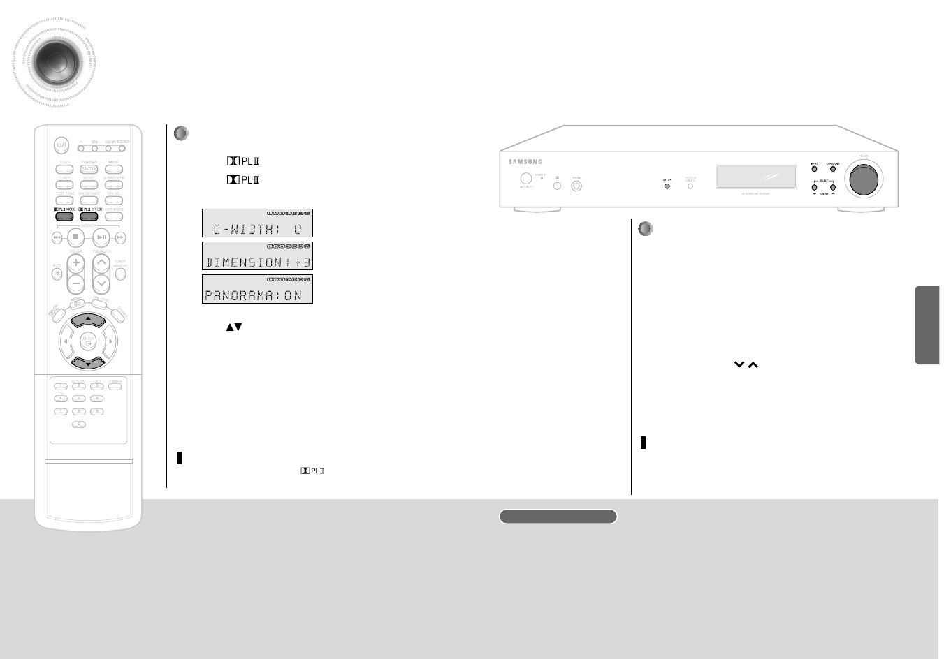 Dolby pro logic ll effect, Main unit, Remote control | Samsung HT-AS600 User Manual | Page 17 / 26