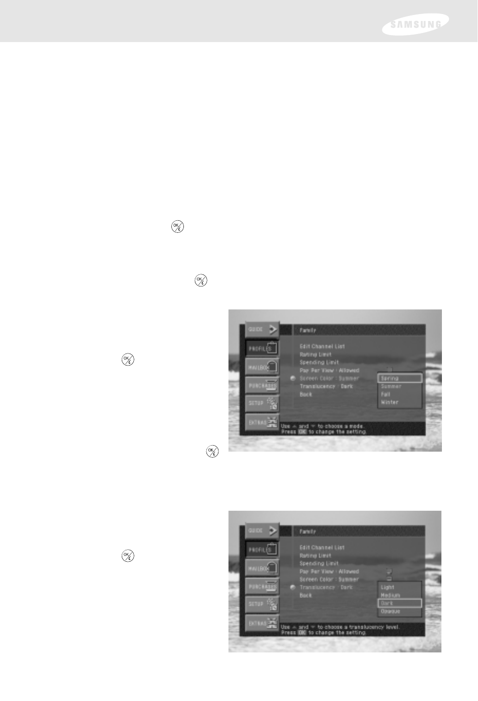 Chapter 5: user profiles, Setting the screen color and translucency | Samsung SIR-S300W User Manual | Page 90 / 126