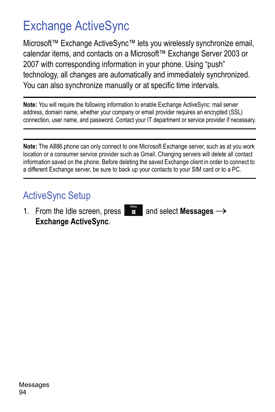 Exchange activesync, Activesync setup | Samsung A886 User Manual | Page 100 / 208