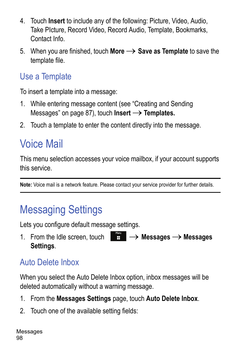 Use a template, Voice mail, Messaging settings | Auto delete inbox, Voice mail messaging settings | Samsung A886 User Manual | Page 104 / 208