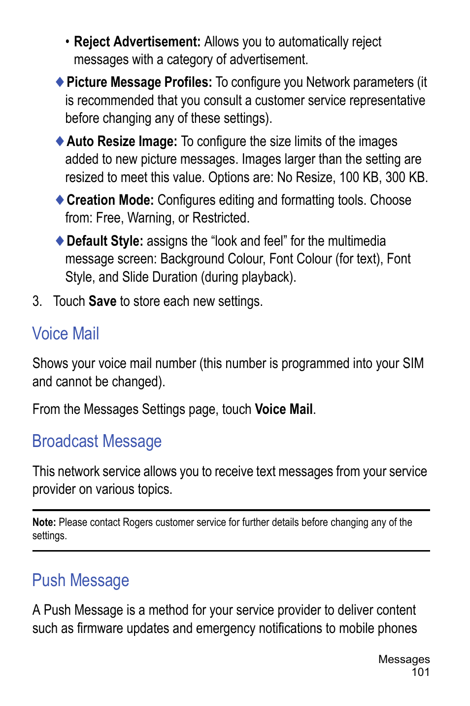 Voice mail, Broadcast message, Push message | Samsung A886 User Manual | Page 107 / 208