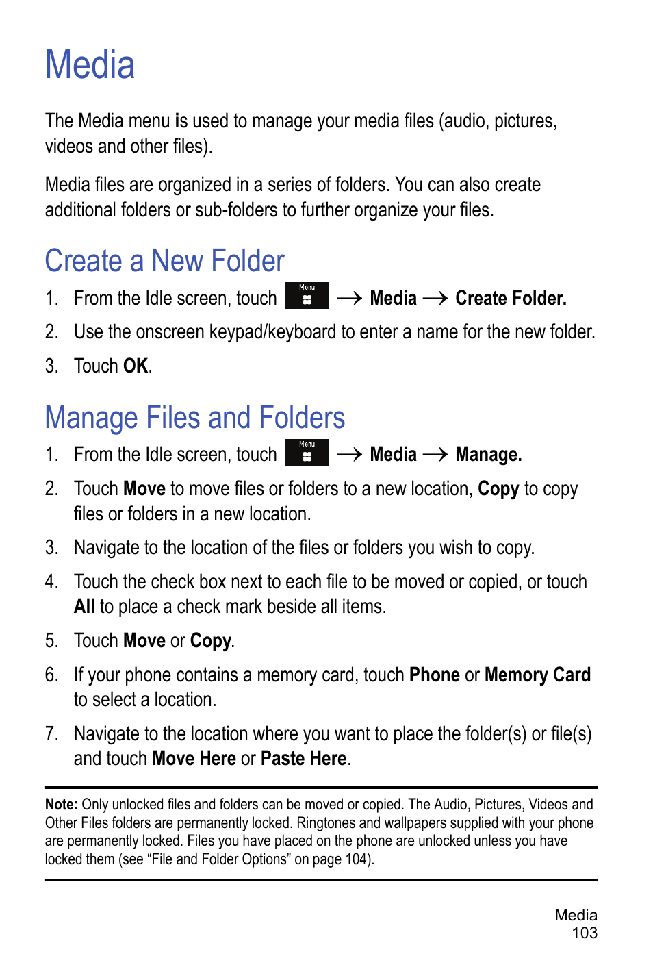 Media, Create a new folder, Manage files and folders | Create a new folder manage files and folders | Samsung A886 User Manual | Page 109 / 208