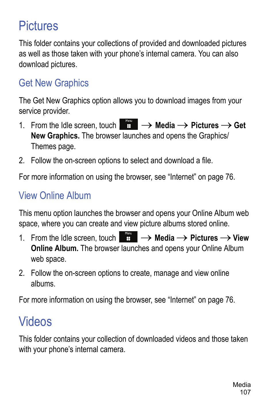 Pictures, Get new graphics, View online album | Videos, Pictures videos | Samsung A886 User Manual | Page 113 / 208