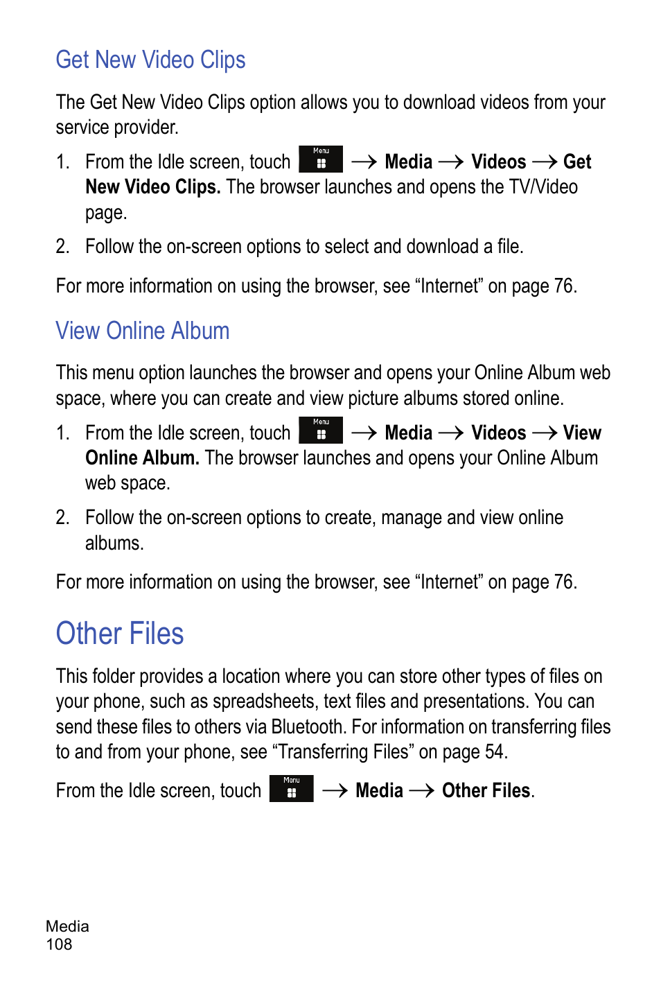 Get new video clips, View online album, Other files | Samsung A886 User Manual | Page 114 / 208