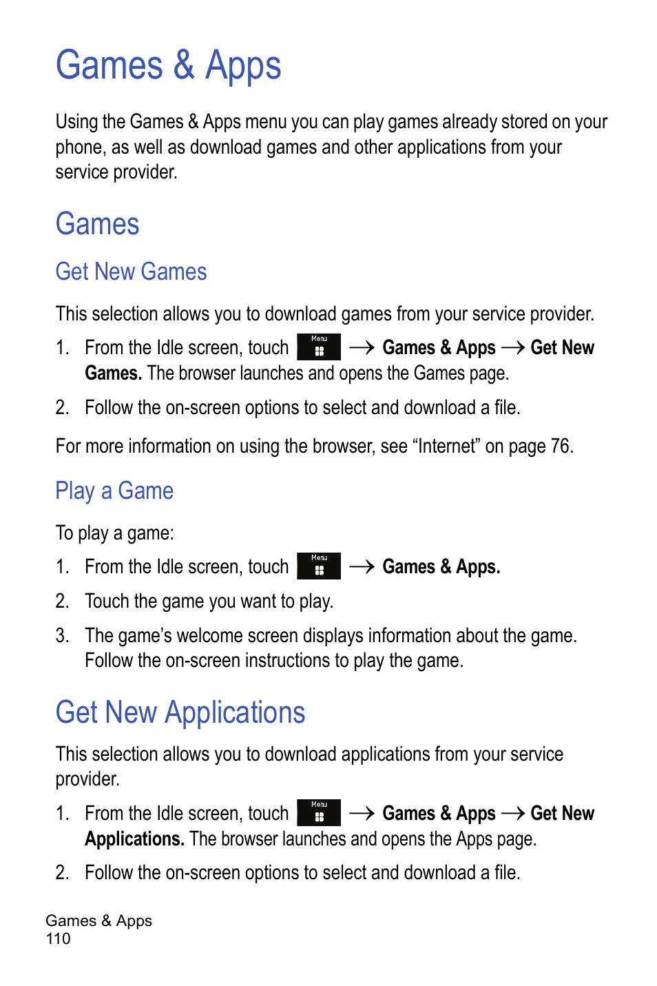 Games & apps, Games, Get new games | Play a game, Get new applications, Games get new applications | Samsung A886 User Manual | Page 116 / 208