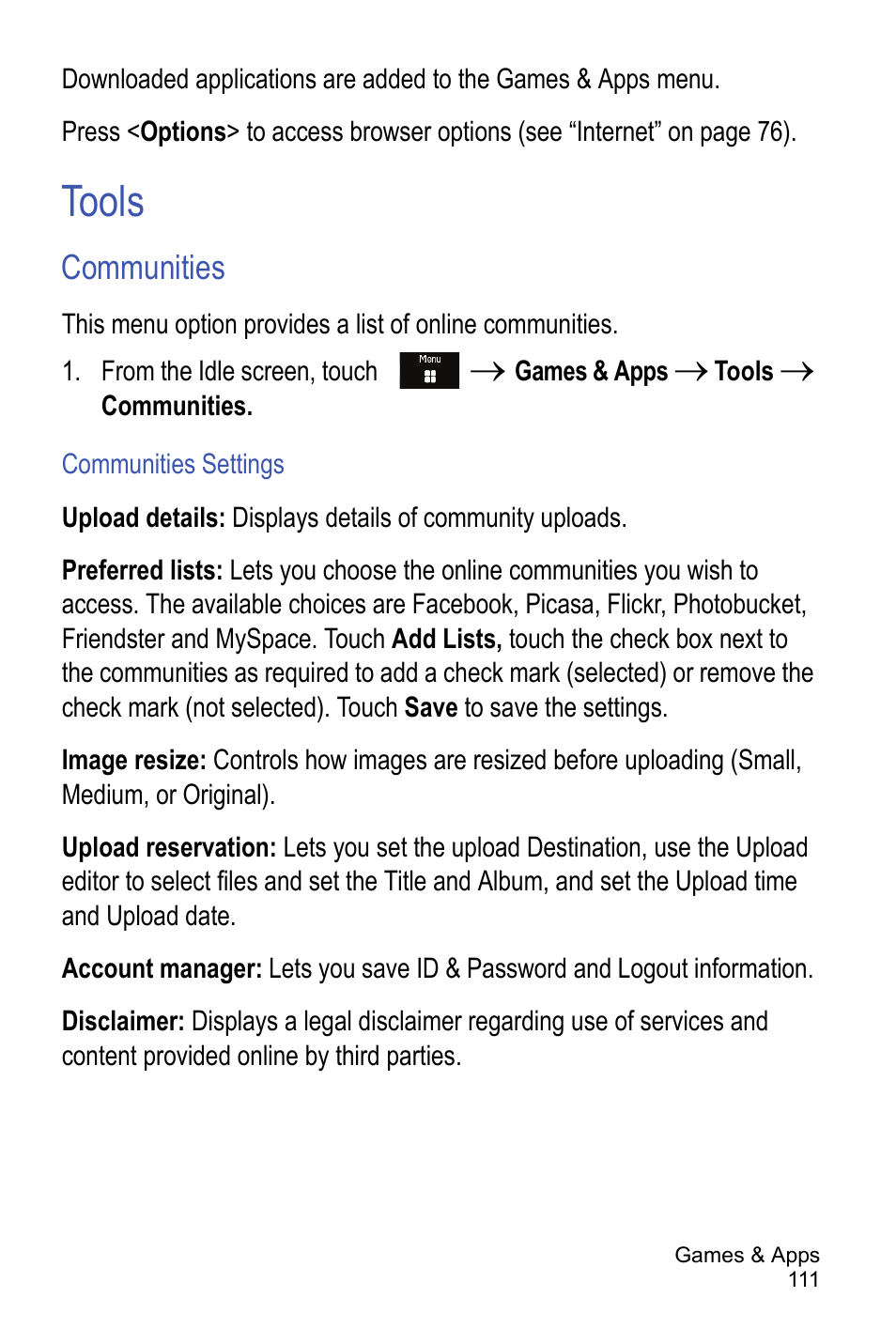 Tools, Communities | Samsung A886 User Manual | Page 117 / 208