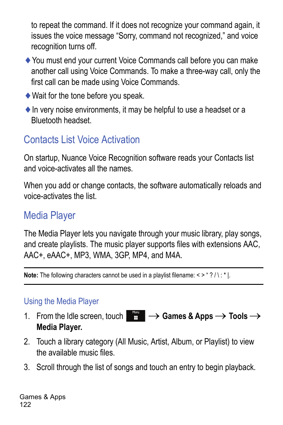 Contacts list voice activation, Media player | Samsung A886 User Manual | Page 128 / 208