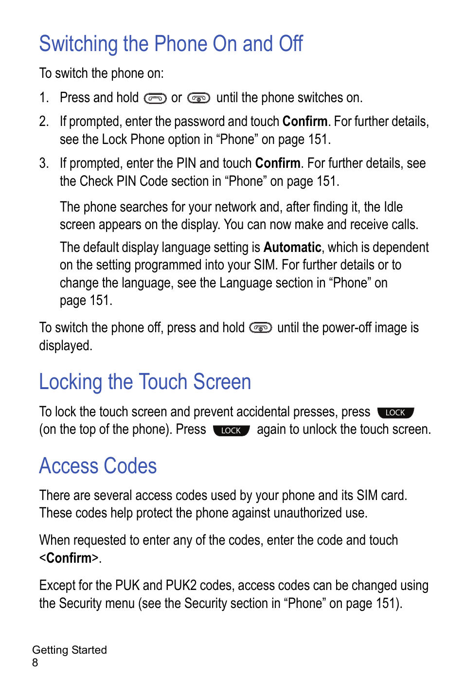 Switching the phone on and off, Locking the touch screen, Access codes | Samsung A886 User Manual | Page 14 / 208