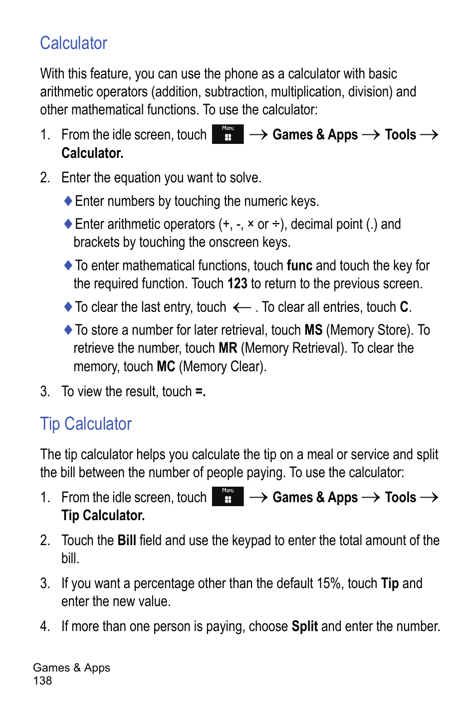 Calculator, Tip calculator | Samsung A886 User Manual | Page 144 / 208