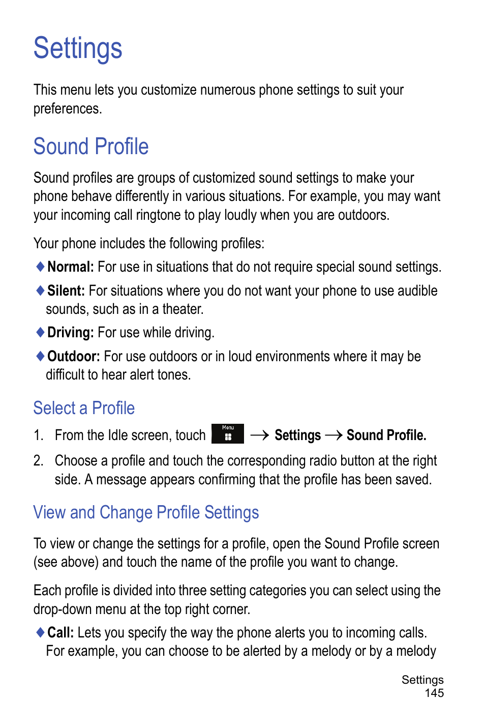 Settings, Sound profile, Select a profile | View and change profile settings | Samsung A886 User Manual | Page 151 / 208