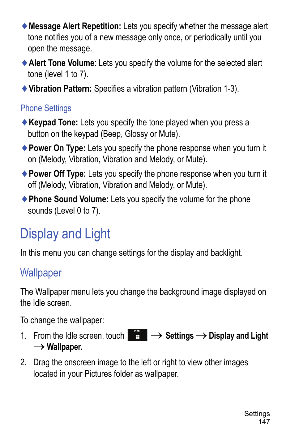 Display and light, Wallpaper | Samsung A886 User Manual | Page 153 / 208