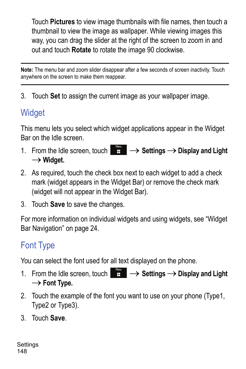 Widget, Font type | Samsung A886 User Manual | Page 154 / 208