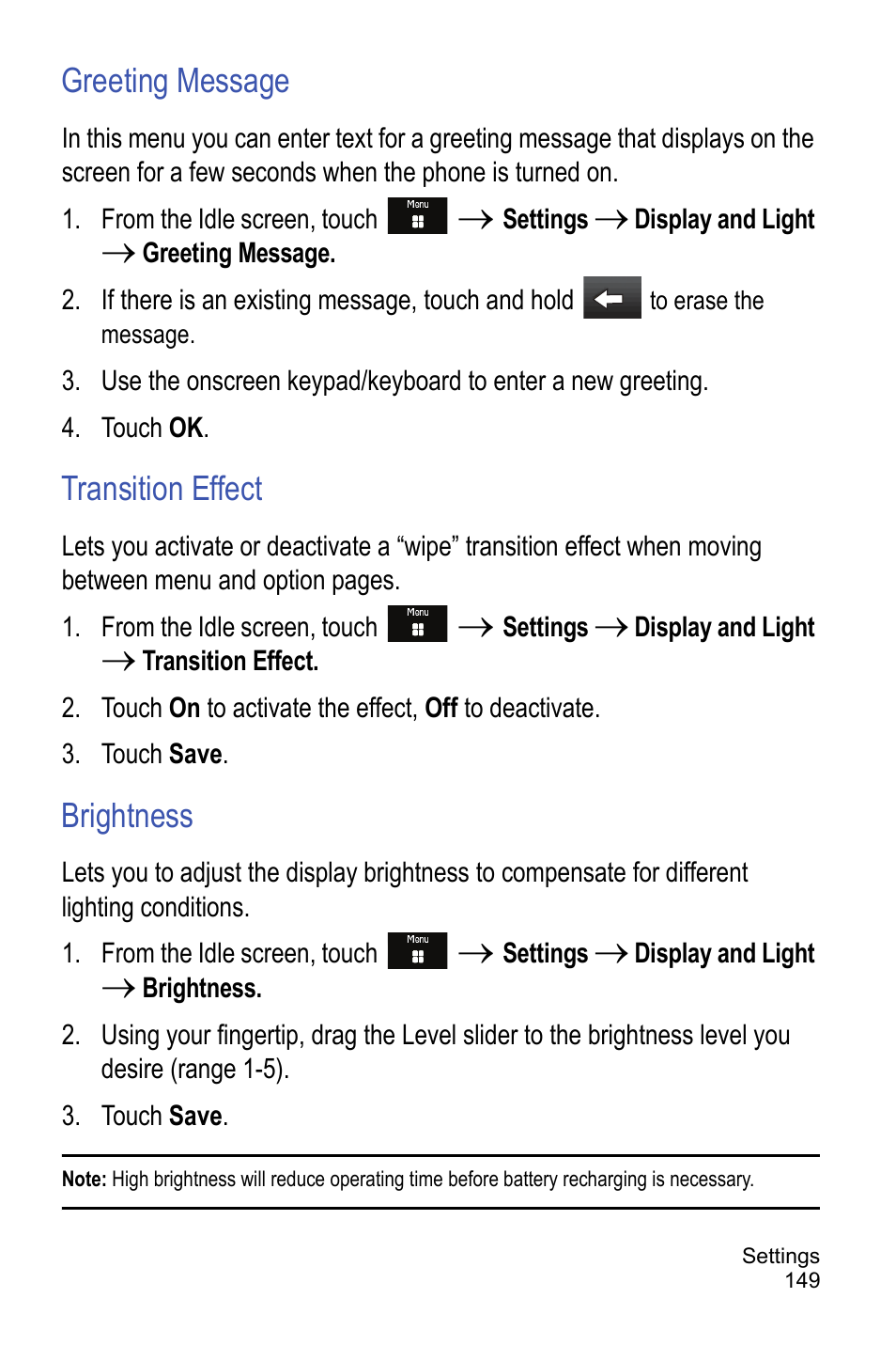Greeting message, Transition effect, Brightness | Samsung A886 User Manual | Page 155 / 208