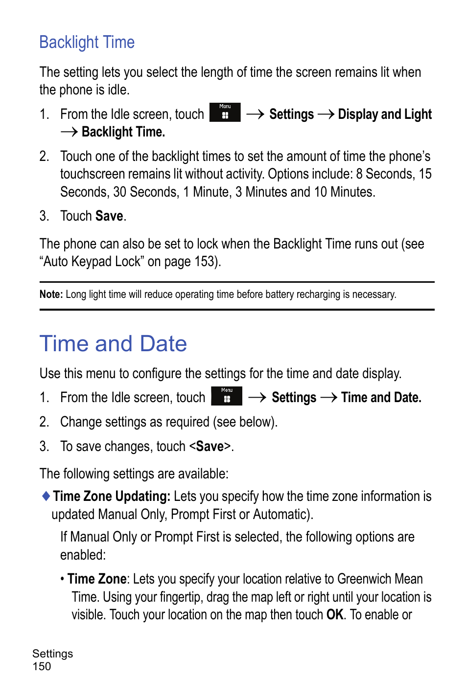 Backlight time, Time and date | Samsung A886 User Manual | Page 156 / 208
