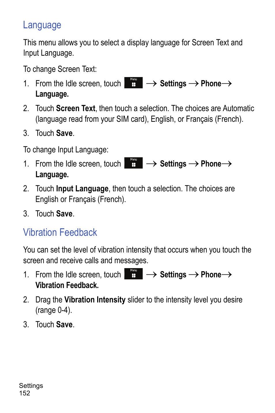 Language, Vibration feedback | Samsung A886 User Manual | Page 158 / 208