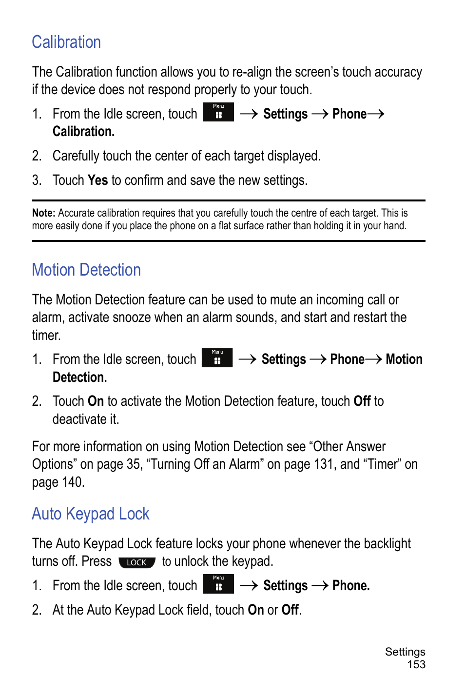 Calibration, Motion detection, Auto keypad lock | Samsung A886 User Manual | Page 159 / 208