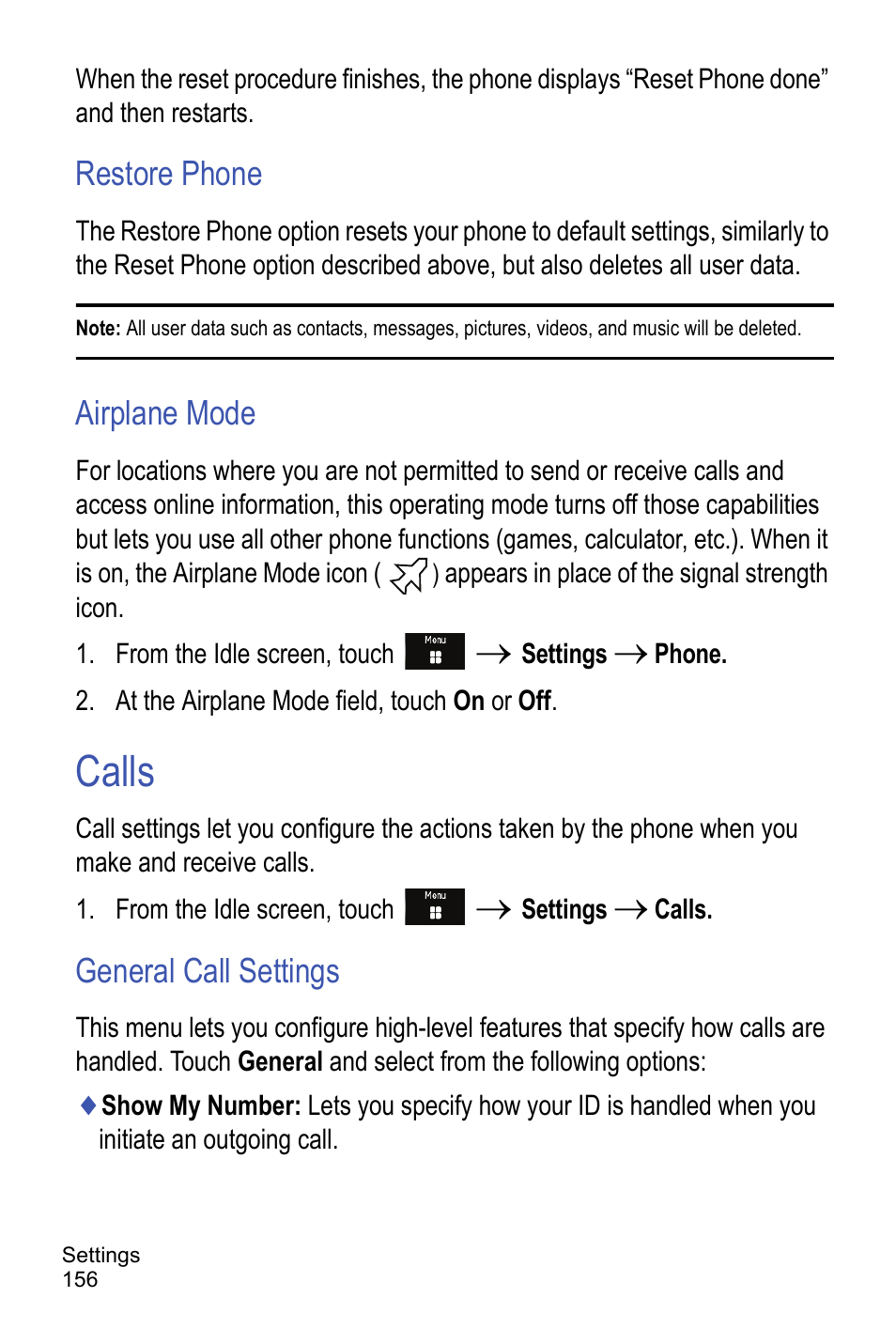 Restore phone, Airplane mode, Calls | General call settings | Samsung A886 User Manual | Page 162 / 208