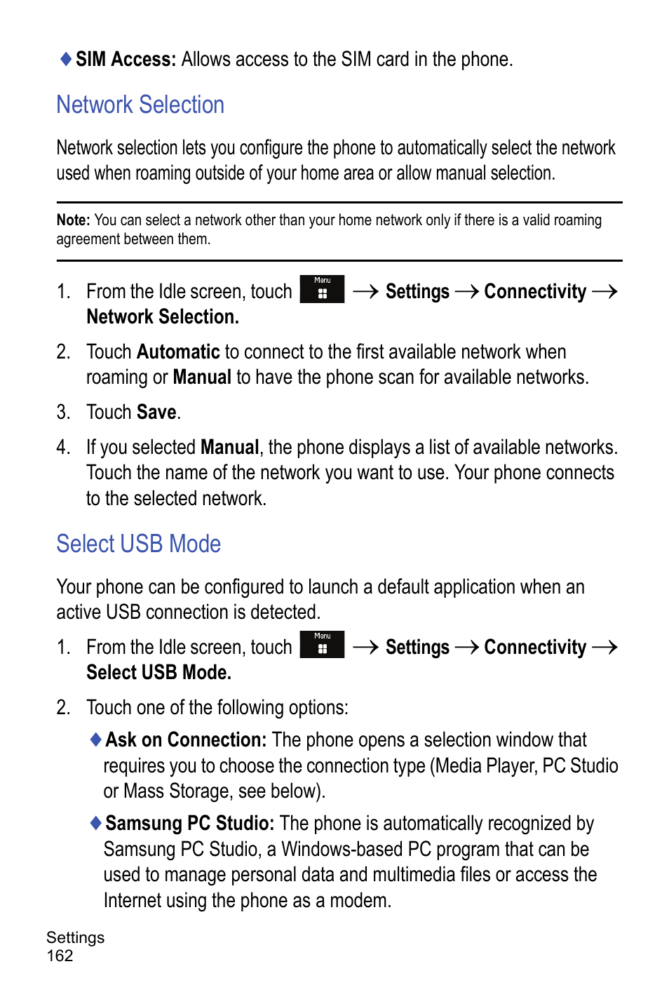 Network selection, Select usb mode | Samsung A886 User Manual | Page 168 / 208