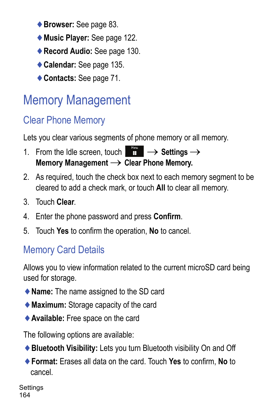 Memory management, Clear phone memory, Memory card details | Samsung A886 User Manual | Page 170 / 208