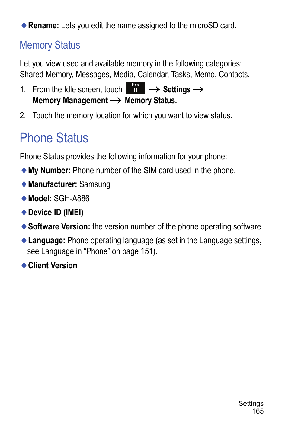 Memory status, Phone status | Samsung A886 User Manual | Page 171 / 208