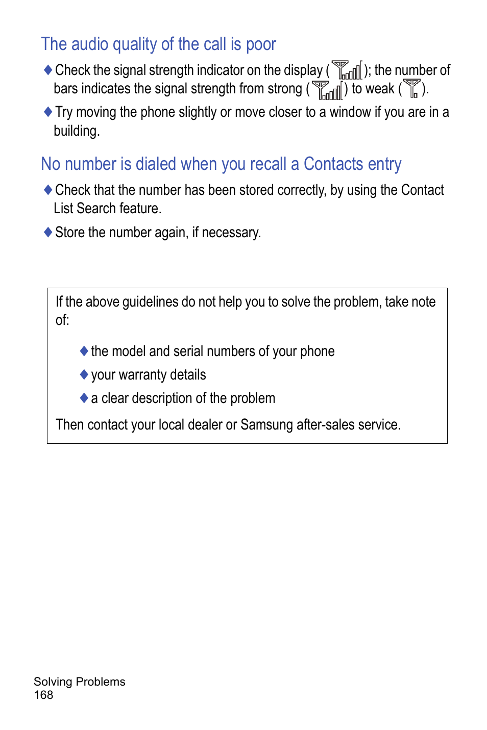 The audio quality of the call is poor | Samsung A886 User Manual | Page 174 / 208