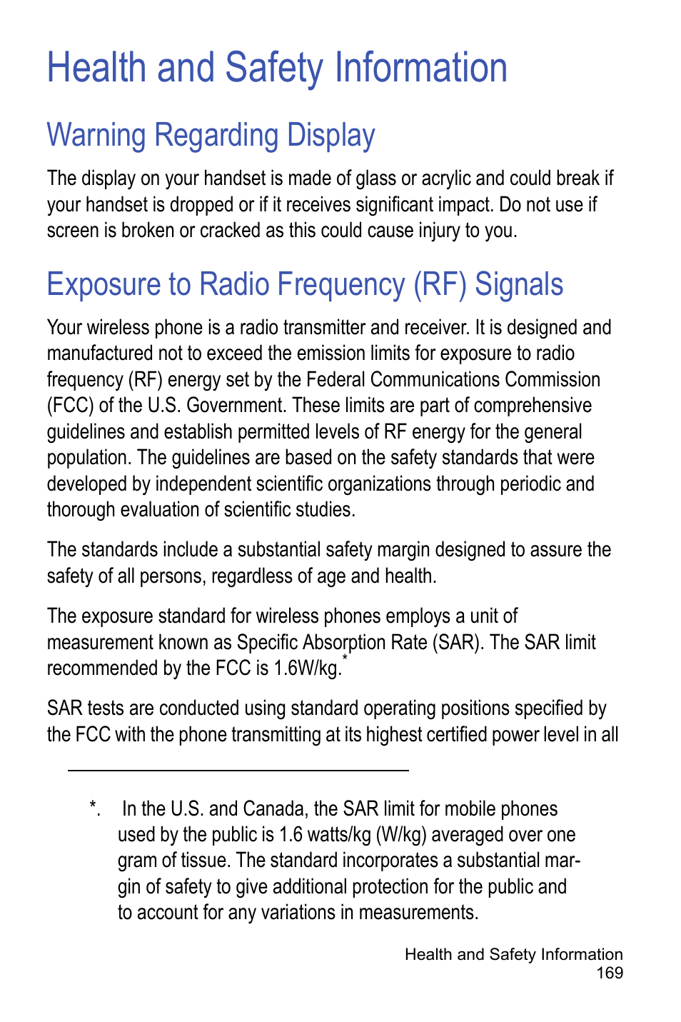 Health and safety information, Warning regarding display, Exposure to radio frequency (rf) signals | Samsung A886 User Manual | Page 175 / 208