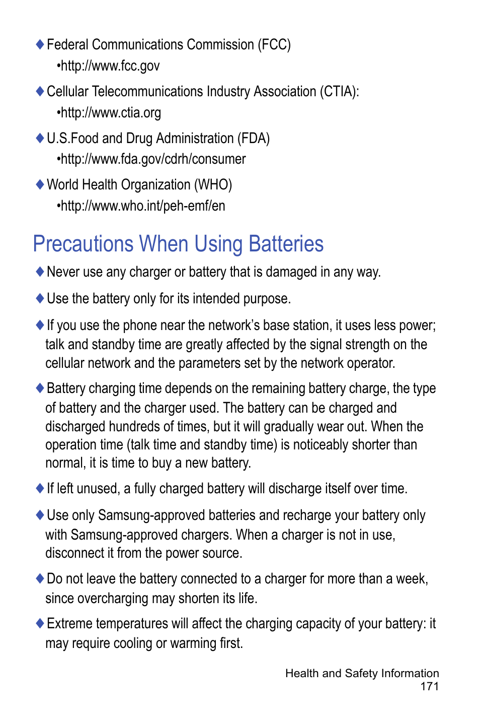 Precautions when using batteries | Samsung A886 User Manual | Page 177 / 208