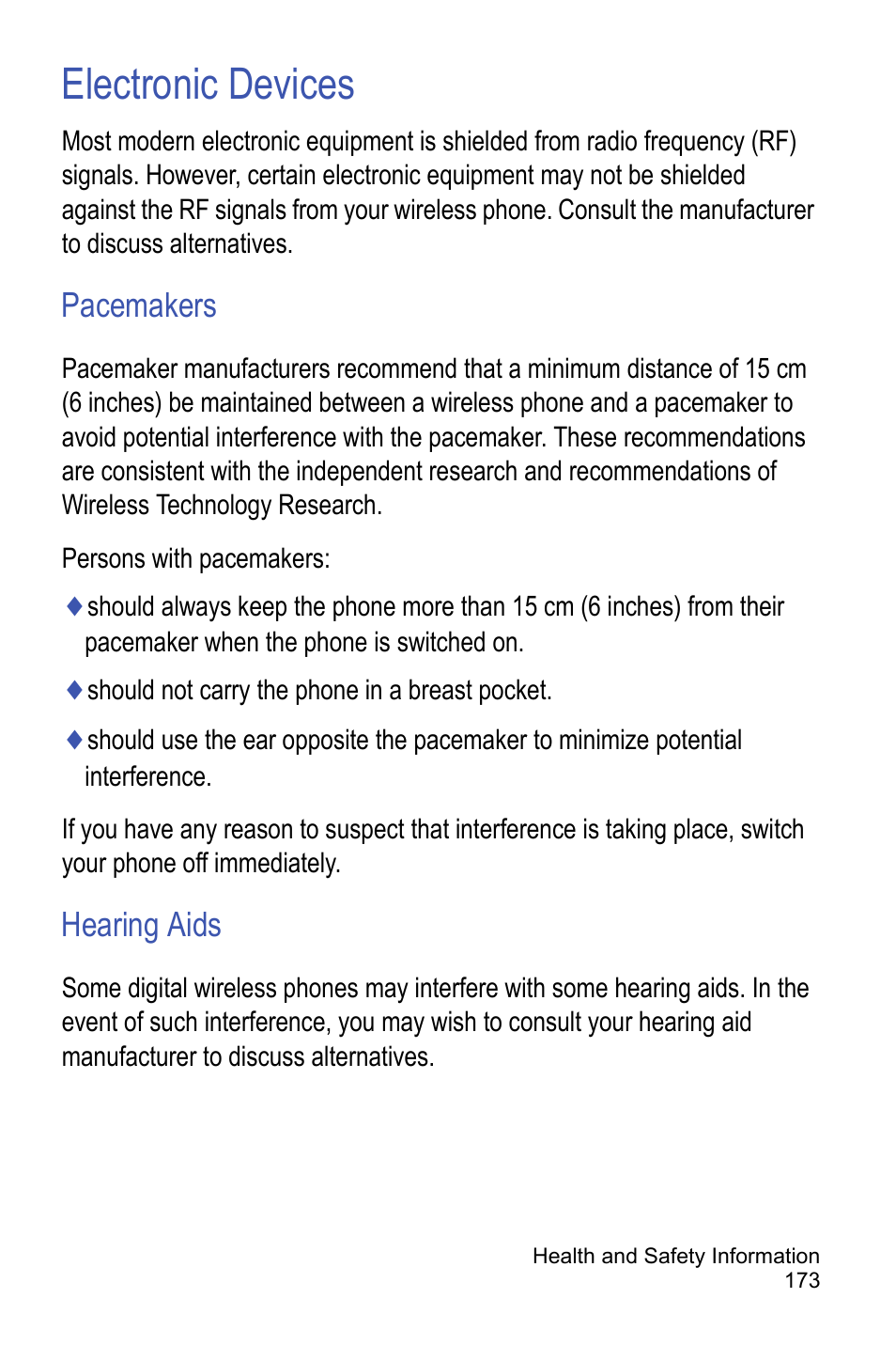 Electronic devices, Pacemakers, Hearing aids | Samsung A886 User Manual | Page 179 / 208