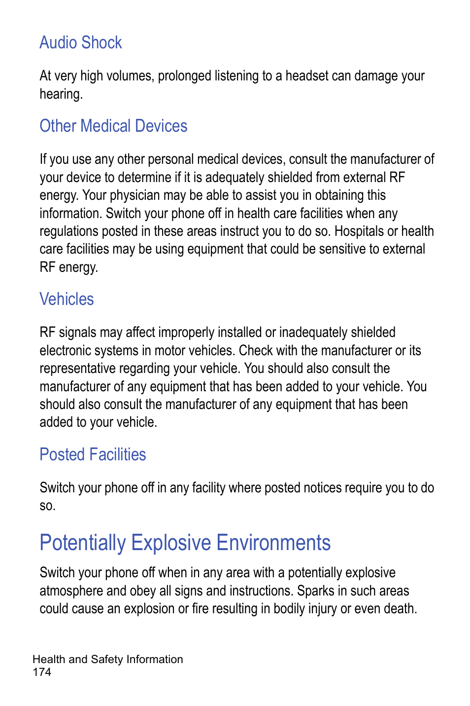 Audio shock, Other medical devices, Vehicles | Posted facilities, Potentially explosive environments | Samsung A886 User Manual | Page 180 / 208