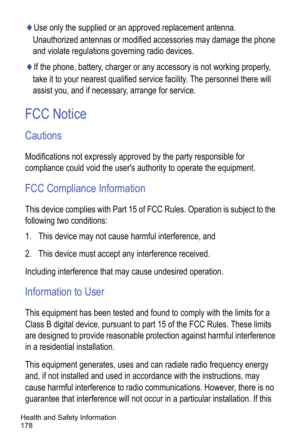 Fcc notice, Cautions, Fcc compliance information | Information to user | Samsung A886 User Manual | Page 184 / 208