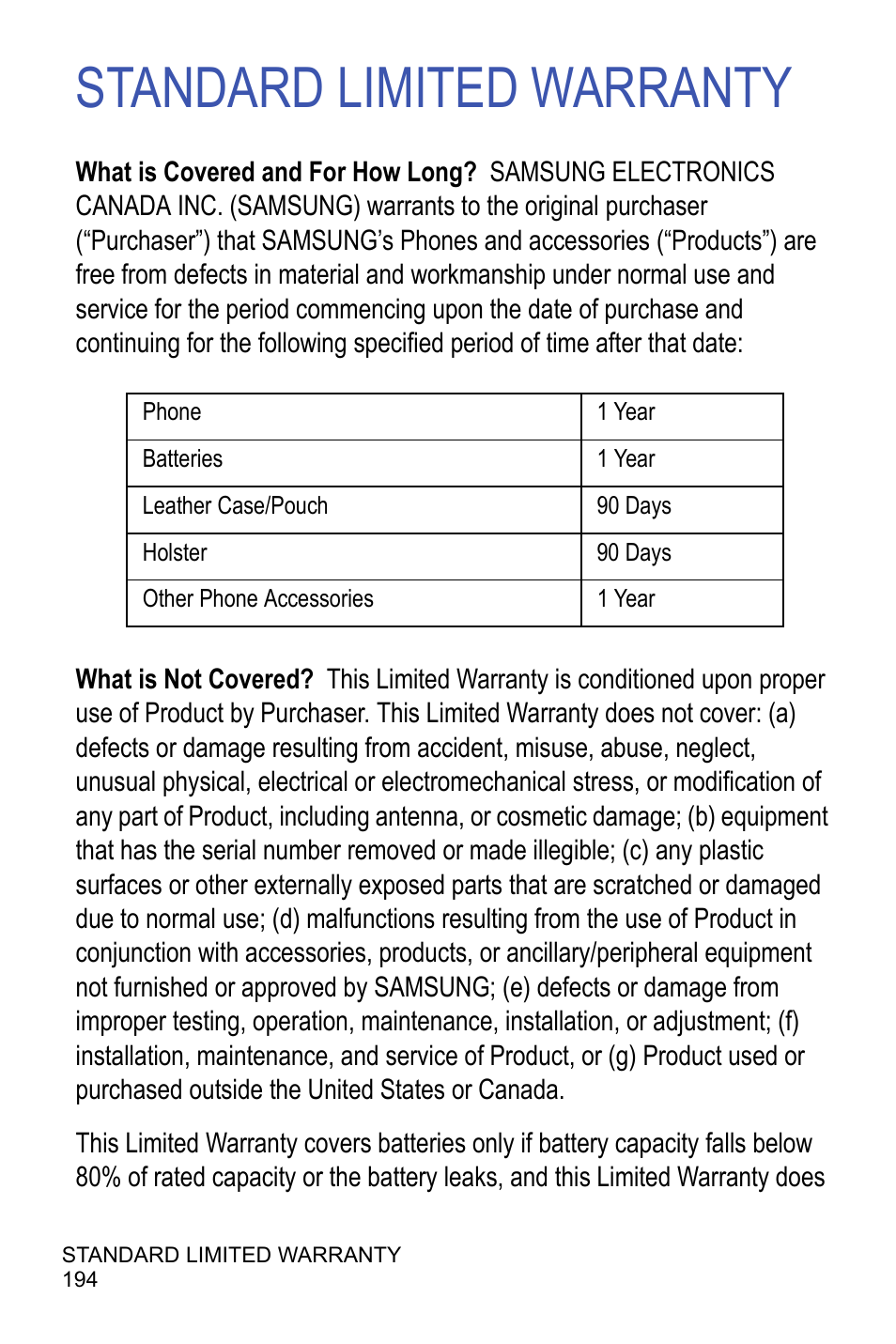 Standard limited warranty | Samsung A886 User Manual | Page 200 / 208