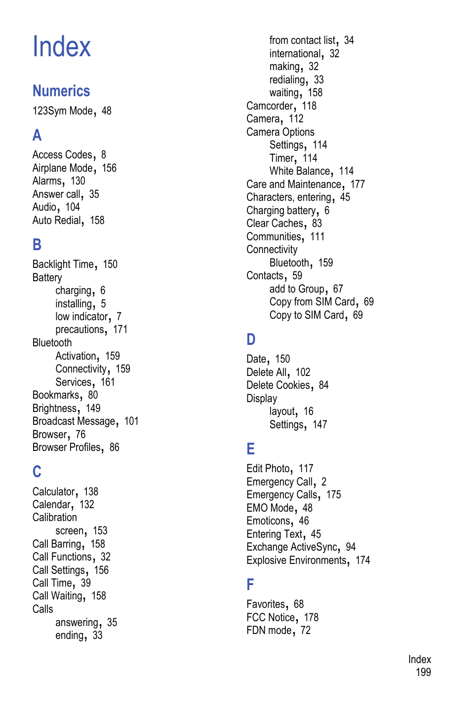 Index, Numerics | Samsung A886 User Manual | Page 205 / 208
