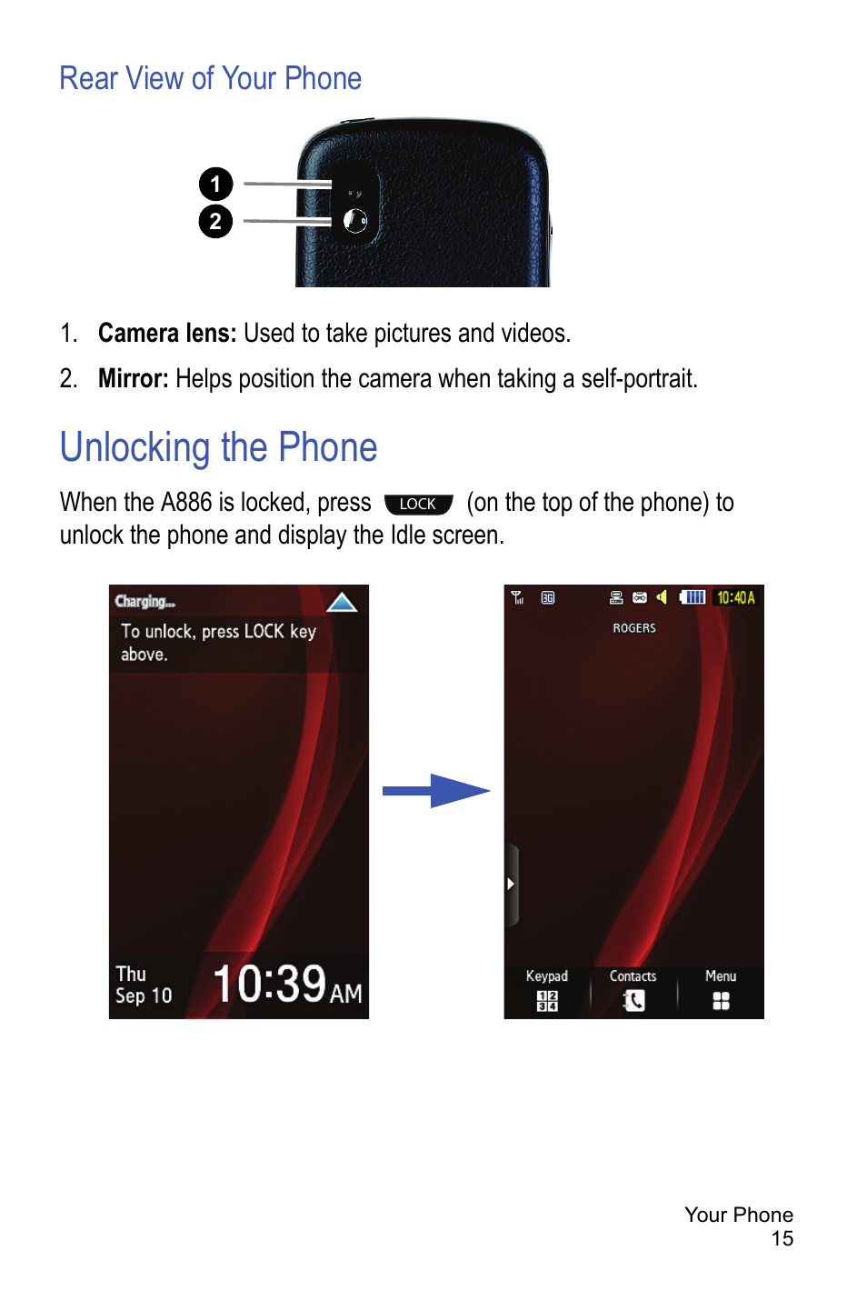 Rear view of your phone, Unlocking the phone | Samsung A886 User Manual | Page 21 / 208