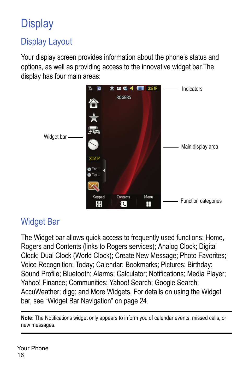 Display, Display layout, Widget bar | Samsung A886 User Manual | Page 22 / 208