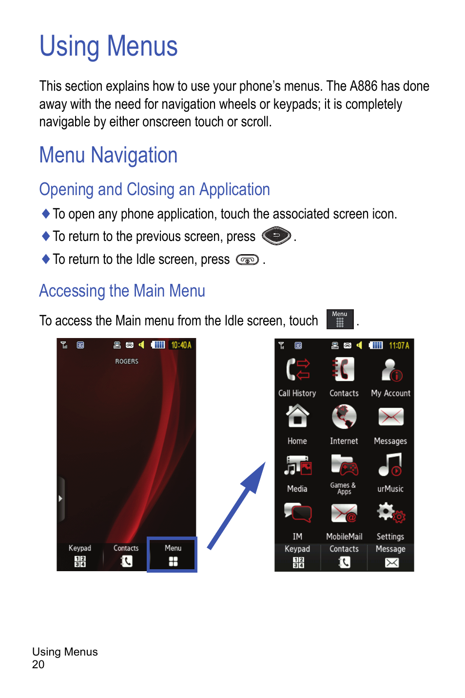 Using menus, Menu navigation, Opening and closing an application | Accessing the main menu | Samsung A886 User Manual | Page 26 / 208