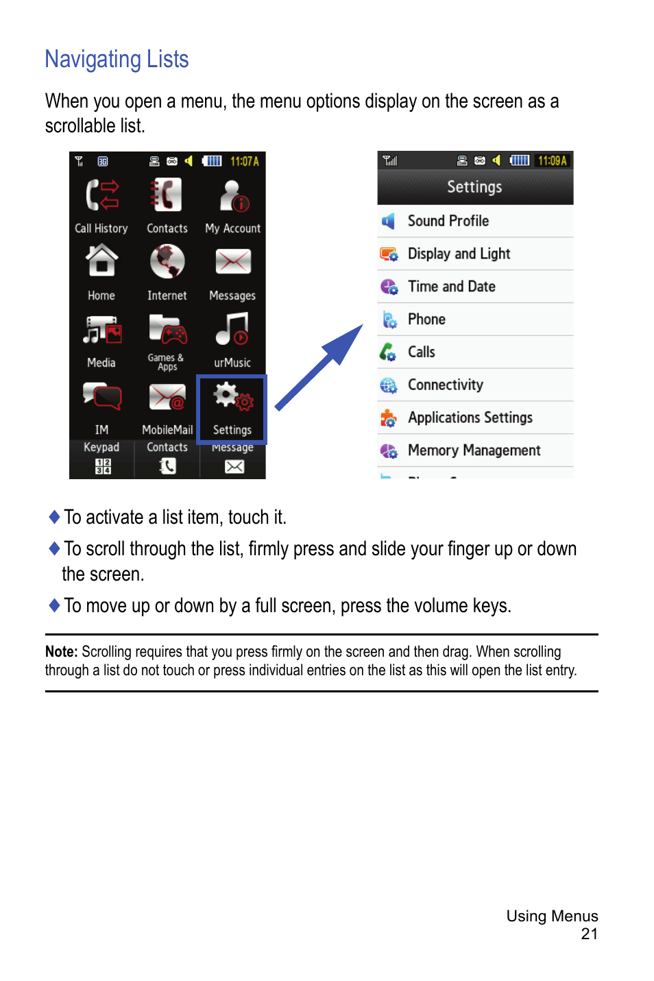 Navigating lists | Samsung A886 User Manual | Page 27 / 208