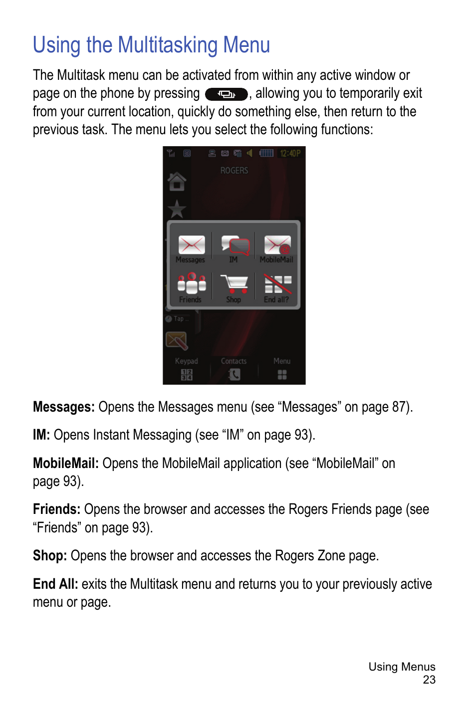 Using the multitasking menu | Samsung A886 User Manual | Page 29 / 208