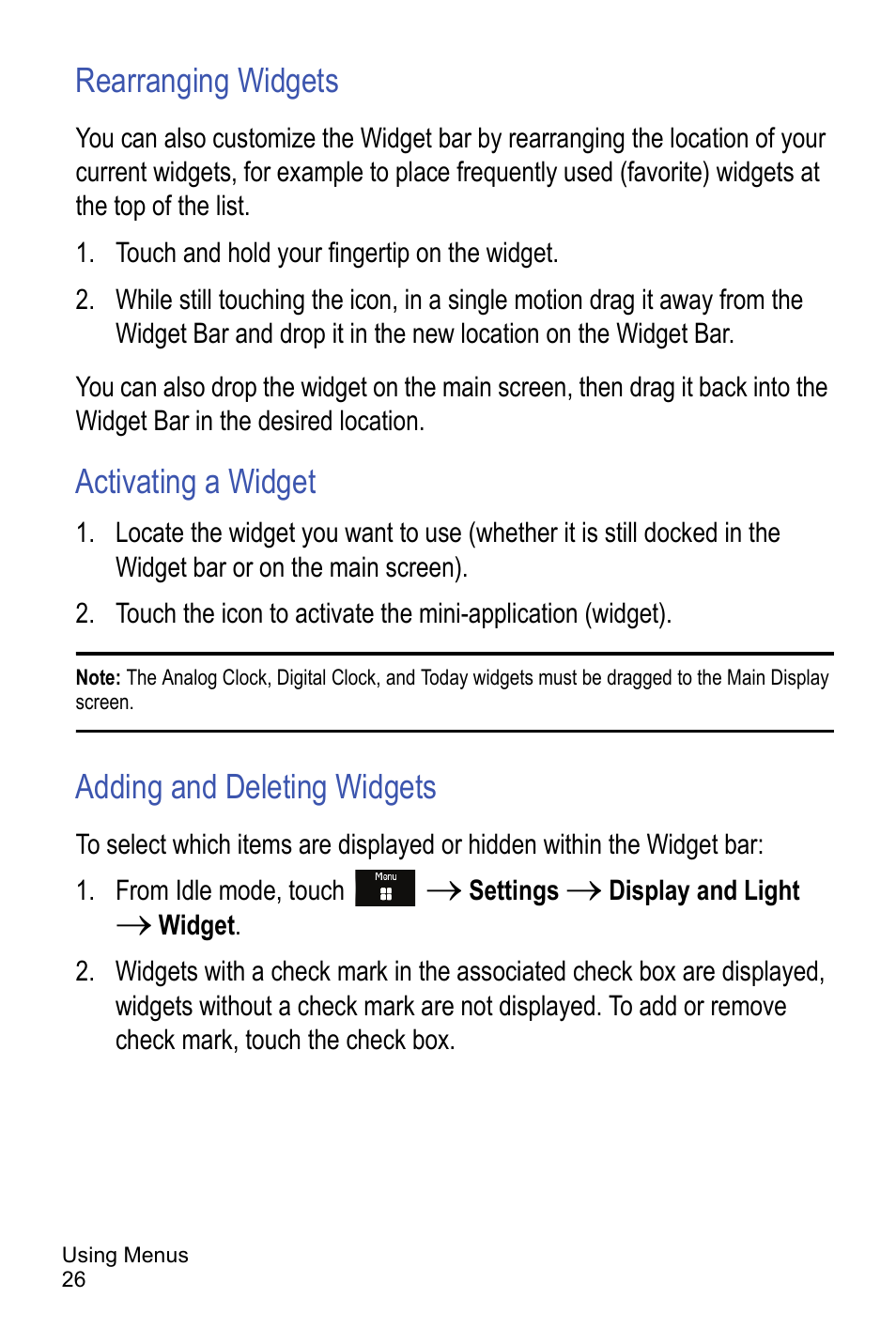 Rearranging widgets, Activating a widget, Adding and deleting widgets | Samsung A886 User Manual | Page 32 / 208