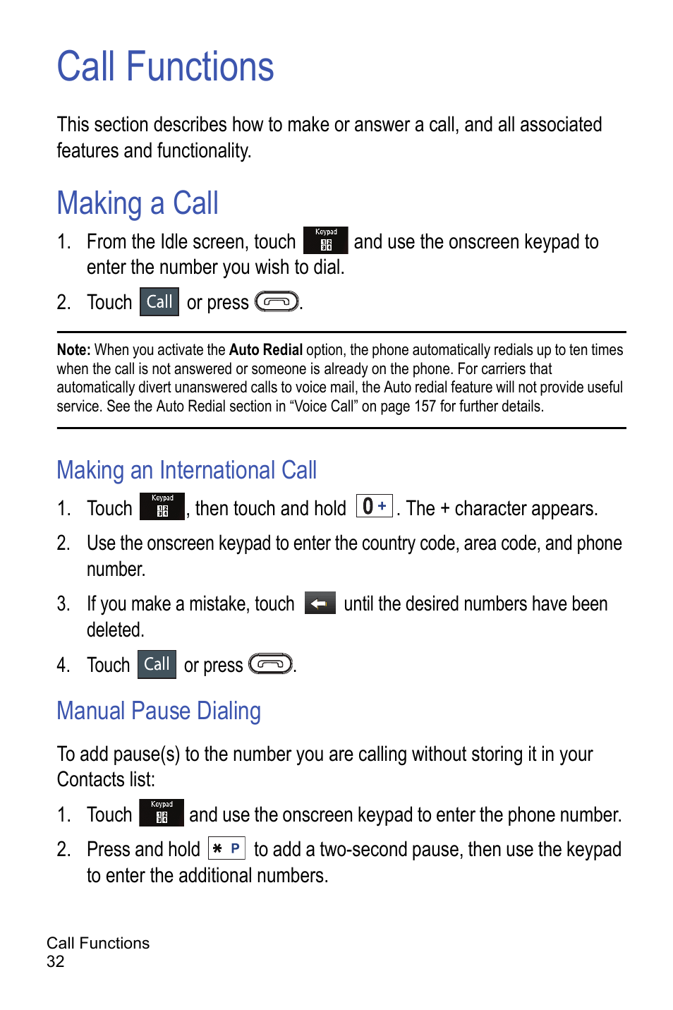 Call functions, Making a call, Making an international call | Manual pause dialing | Samsung A886 User Manual | Page 38 / 208