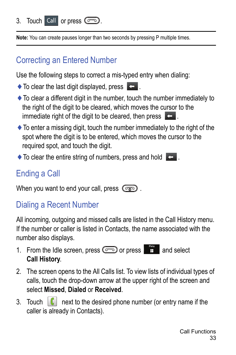 Correcting an entered number, Ending a call, Dialing a recent number | Samsung A886 User Manual | Page 39 / 208