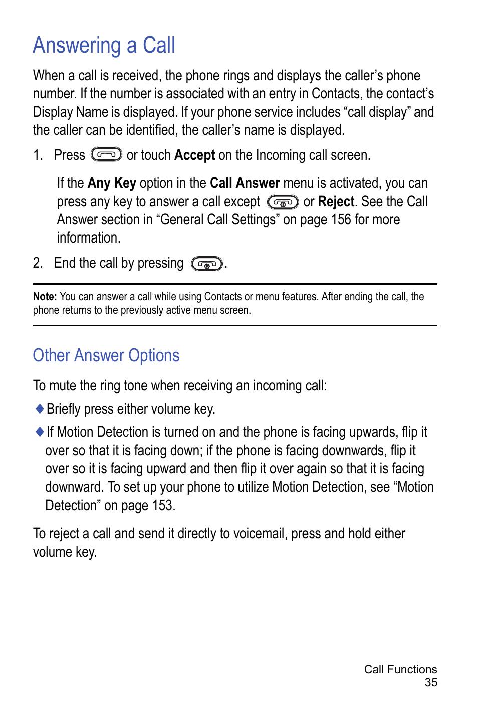 Answering a call, Other answer options | Samsung A886 User Manual | Page 41 / 208