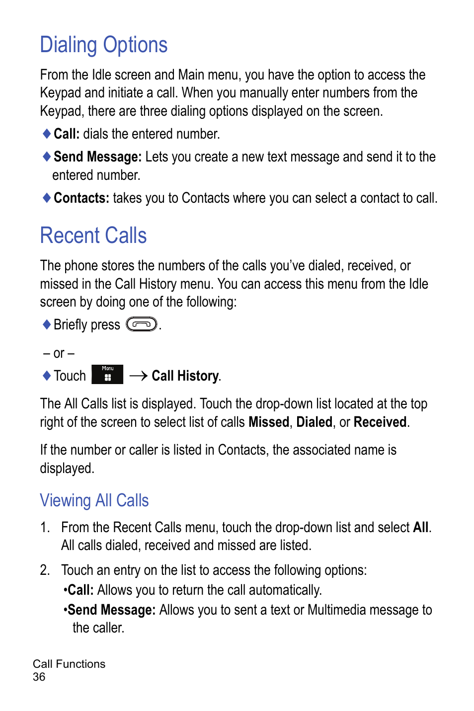 Dialing options, Recent calls, Viewing all calls | Dialing options recent calls | Samsung A886 User Manual | Page 42 / 208