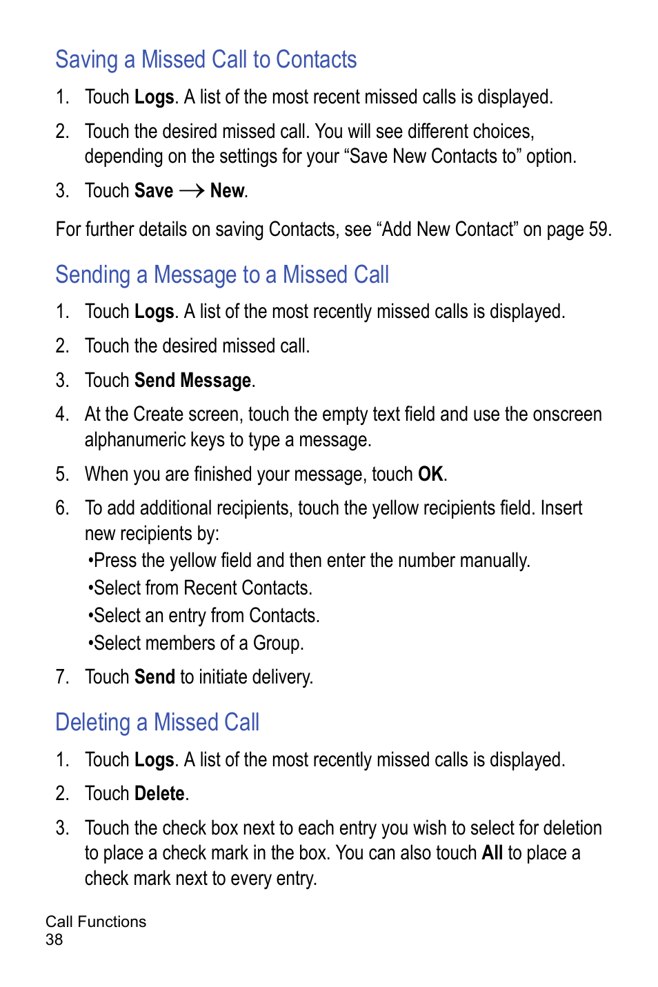 Saving a missed call to contacts, Sending a message to a missed call, Deleting a missed call | Samsung A886 User Manual | Page 44 / 208