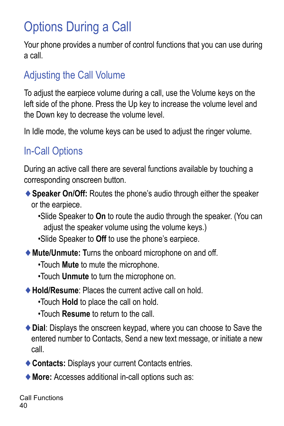 Options during a call, Adjusting the call volume, In-call options | Samsung A886 User Manual | Page 46 / 208