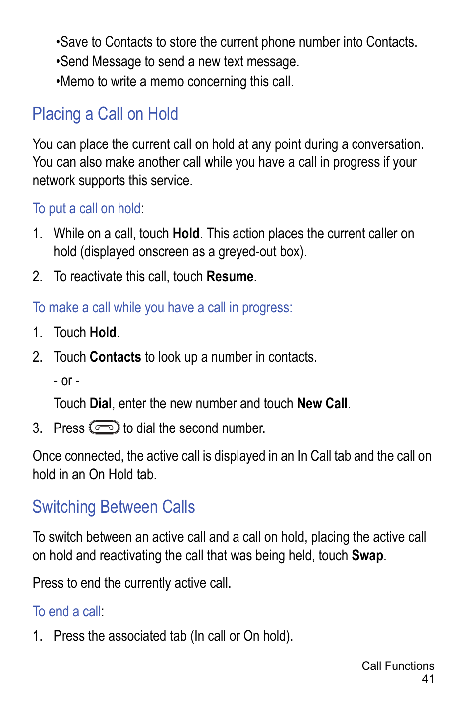Placing a call on hold, Switching between calls | Samsung A886 User Manual | Page 47 / 208