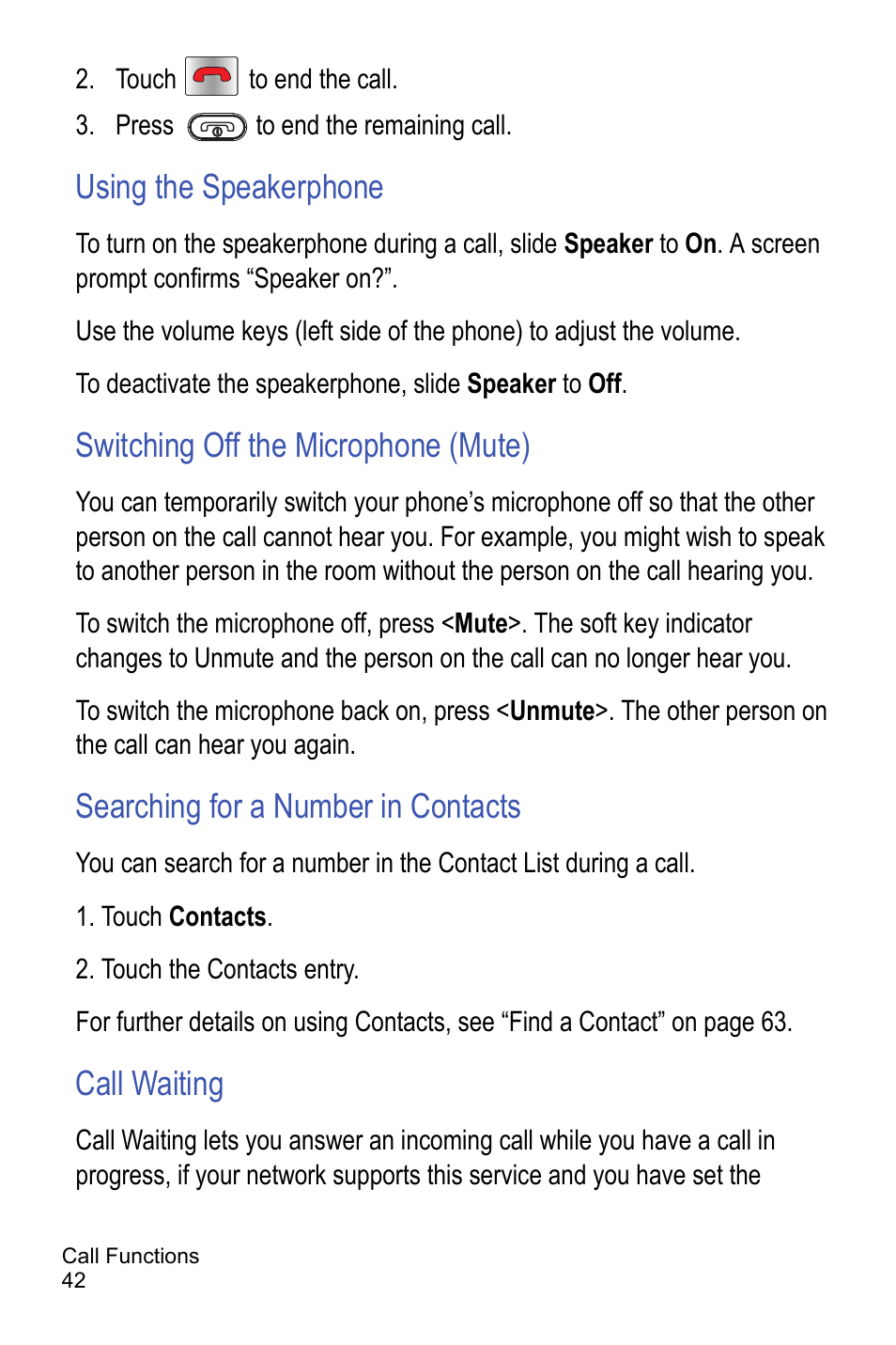 Using the speakerphone, Switching off the microphone (mute), Searching for a number in contacts | Call waiting | Samsung A886 User Manual | Page 48 / 208
